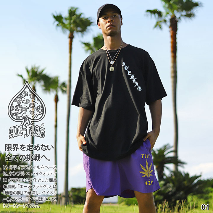 ACE FLAG 上下セット 半袖 Tシャツ ハーフパンツ メンズ 全6種 大きいサイズ エースフラッグ セットアップ ナイロン ビッグシルエット 大麻 マリファナ ヘンプ b系 ヒップホップ ファッション 新作 AF-SE-TS-082