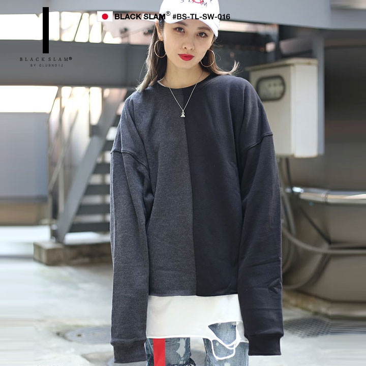 BLACK SLAM ストリート系 トレーナー ブランド メンズ レディース 大きいサイズ 長袖 裏起毛 春秋冬用 黒/グレー 無地 クラブノイズ ブラックスラム ストリート スウェット ワイドシルエット B系 BS-TL-SW-016のサムネイル