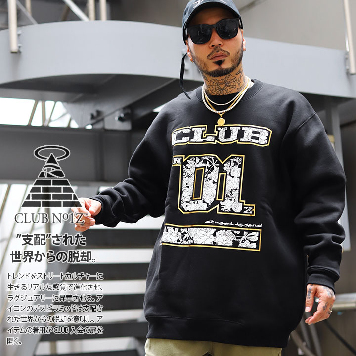 b系 ストリート系 服 メンズ レディース スウェット クラブノイズ CLUB NO1Z CLUBNO1Z 長袖 トレーナー ビッグシルエット 裏起毛 金箔 ナンバー 薔薇 総柄 XL 2L LL 2XL 3L XXL 大きいサイズ ギフト CN-TL-SW-001