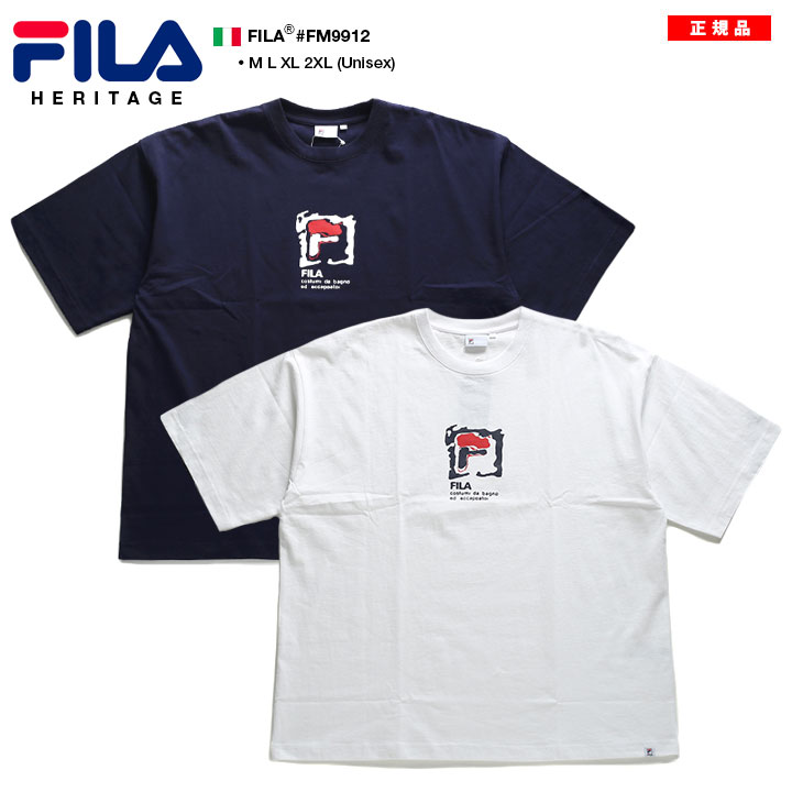 フィラ FILA Tシャツ 半袖 メンズ レディース 男女兼用 紺 白 M L XL 2L LL 2XL 3L XXL 大きいサイズ b系 ヒップホップ ストリート系 スポーツ ファッション おしゃれ ロゴ ゆったり ビッグシルエット オーバーサイズ ドロップショルダー ボックスシルエット FM9912