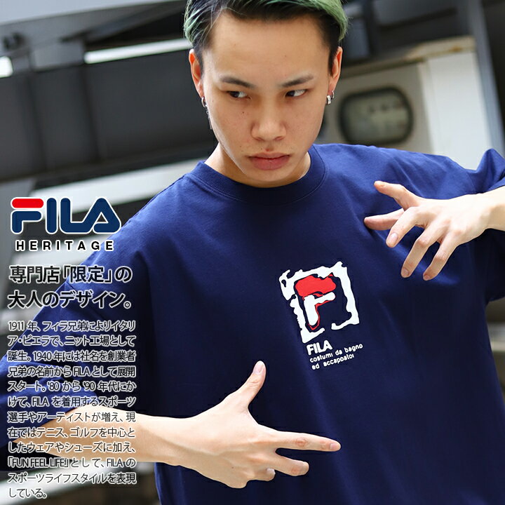 フィラ FILA Tシャツ 半袖 メンズ レディース 男女兼用 紺 白 M L XL 2L LL 2XL 3L XXL 大きいサイズ b系 ヒップホップ ストリート系 スポーツ ファッション おしゃれ ロゴ ゆったり ビッグシルエット オーバーサイズ ドロップショルダー ボックスシルエット FM9912