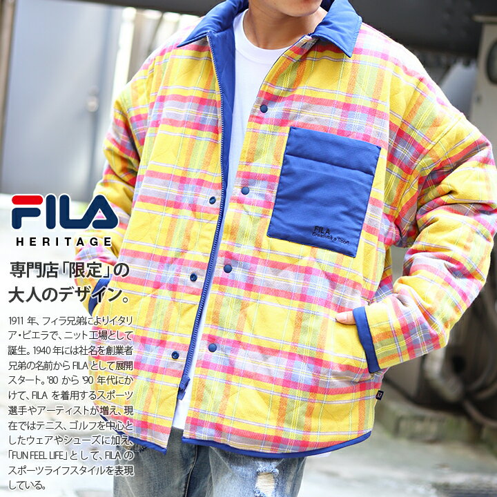 FILA heritage アウター 冬 長袖 メンズ レディース 春秋冬用 ゴールド 大きいサイズ フィラ ヘリテージ シャツジャケット キルティングジャケット 中綿 ジャケット おしゃれ リバーシブル チ…