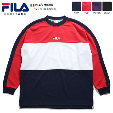 FILA heritage ロンT メンズ レディース 春秋冬用 全4色 大きいサイズ ビッグシルエット フィラ ヘリテージ Tシャツ 長袖 おしゃれ かっこいい 切替 刺繍 スポーツ ダンス b系 ヒップホップ HIPHOP ストリート系 ファッション ハイ ブランド 服【セール】FM9513