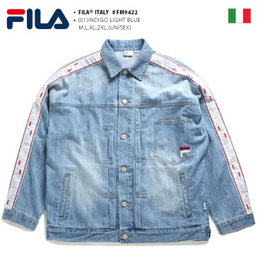 フィラ FILA デニムジャケット 【FM9422】 メンズ レディース アウター 長袖 Gジャン ジージャン かっこいい おしゃれ 定番ロゴ 袖ライン インディゴライトブルー 大きいサイズ b系 ヒップホップ ストリート系 スポーツ ファッション 服 ギフト