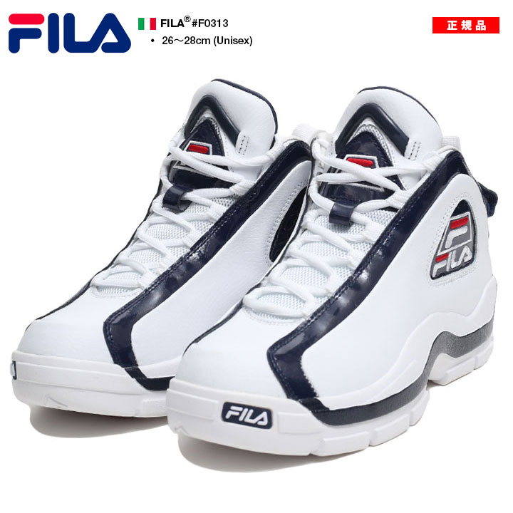 フィラ FILA スニーカー ハイカット 靴 シューズ 96GL NBA 名作 Grant Hill グラントヒル 復刻 2PAC 着用 白 紺 本革 おにぎり バスケットボール バッシュ シンプル ダンス b系 ヒップホップ ストリート系 メンズ 正規品 ギフト F0313