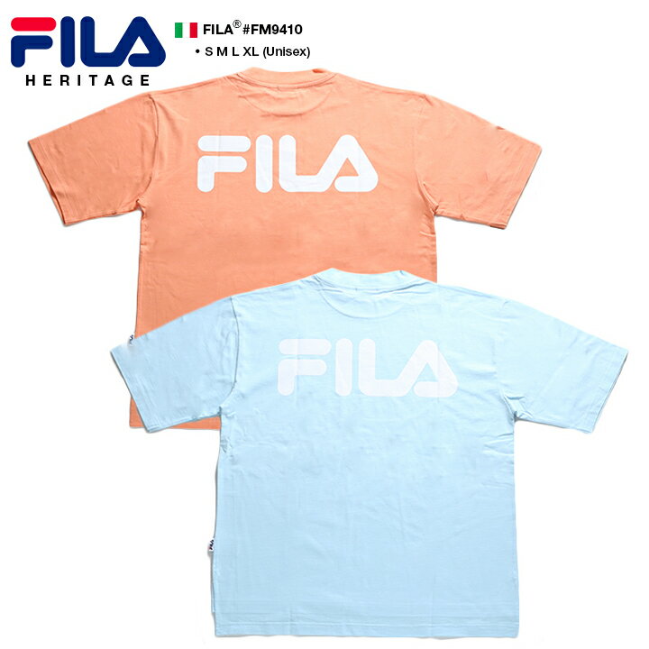 フィラ FILA メンズ レディース Tシャツ 半袖 【FM9410】 かっこいい 90'スタイル テニスロゴ ブランドロゴ オレンジ 水色 ビッグシルエット ダンス スケート スポーツ S M L XL 2L LL 大きいサイズ b系 ヒップホップ ストリート系 ファッション 服 正規品 ギフト