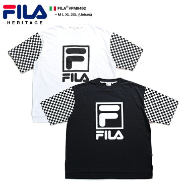 フィラ FILA Tシャツ 【FM9492】 メンズ レディース 半袖 かっこいい おしゃれ チェッカーフラッグ ブロックチェック 袖プリント ビッグシルエット 黒白 M L XL 2L LL 2XL 3L XXL 大きいサイズ b系 ヒップホップ ストリート系 スポーツ ファッション 服