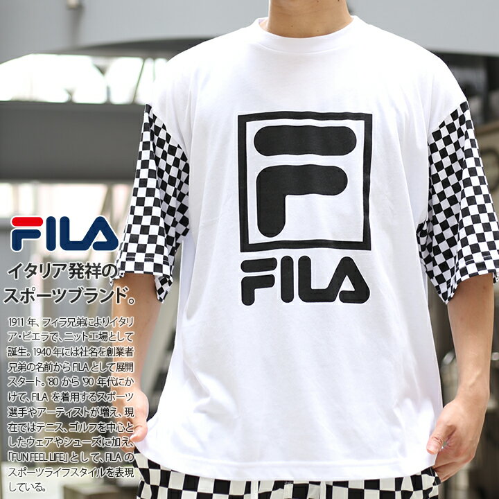 フィラ FILA Tシャツ 【FM9492】 メンズ レディース 半袖 かっこいい おしゃれ チェッカーフラッグ ブロックチェック 袖プリント ビッグシルエット 黒白 M L XL 2L LL 2XL 3L XXL 大きいサイズ b系 ヒップホップ ストリート系 スポーツ ファッション 服