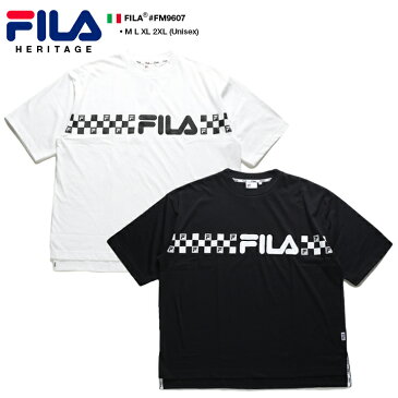 フィラ FILA Tシャツ 半袖 メンズ レディース 白 黒 M L XL 2L LL 2XL 3L XXL 大きいサイズ b系 ヒップホップ ストリート系 スポーツ ファッション 服 かっこいい おしゃれ チェッカーフラッグ ライン 刺繍 ボックスシルエット ドロップショルダー ビッグシルエット FM9607