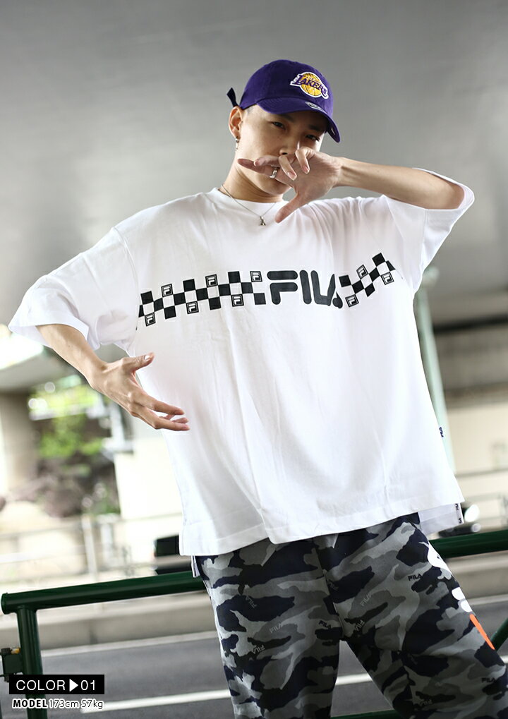 フィラ FILA Tシャツ 半袖 メンズ レディース 白 黒 M L XL 2L LL 2XL 3L XXL 大きいサイズ b系 ヒップホップ ストリート系 スポーツ ファッション 服 かっこいい おしゃれ チェッカーフラッグ ライン 刺繍 ボックスシルエット ドロップショルダー ビッグシルエット FM9607