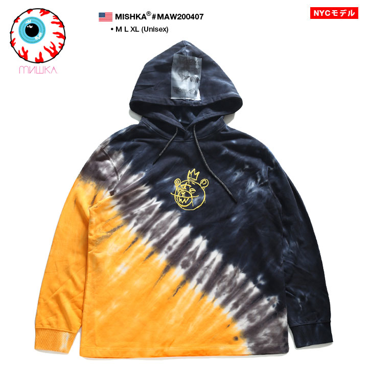 ミシカ MISHKA フードパーカー スウェット 長袖 メンズ レディース 男女兼用 春秋冬用 黒 M L XL 2L LL 大きいサイズ b系 ヒップホップ ストリート系 ファッション ブランド 服 かっこいい おしゃれ タイダイ ベアモップ 熊 人気キャラクター 刺繍 タギング ギフト MAW200407