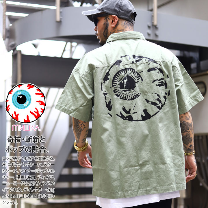 MISHKA 半袖シャツ メンズ レディース 春夏用 オリーブ/黒 大きいサイズ ミシカ シャツ 半袖 おしゃれ かっこいい KEEPWATCH 大人 ポケット ワークシャツ ミリタリーシャツ b系 ヒップホップ ファッション ロック バンド ストリート系 M21000203