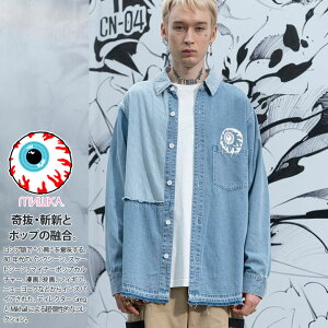 MISHKA 長袖シャツ メンズ レディース 春秋冬用 青 M-2XL 大きいサイズ ミシカ かっこいい おしゃれ デニム ストライプ 切替 アシンメトリー ロゴ KEEPWATCH 目玉 ハイモード ヒップホップ ストリート系 ブランド 服 新作M21000207