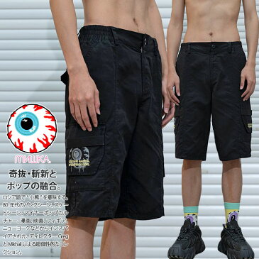 MISHKA ハーフパンツ チノパン メンズ レディース 春夏用 黒 大きいサイズ ミシカ ショートパンツ ポケット カーゴパンツ ゆったり 太め パンツ おしゃれ かっこいい 目玉 ロゴ b系 ヒップホップ ファッション ロック バンド ストリート系 ハイ ブランドM21000807