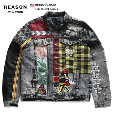 リーズン REASON デニムジャケット アウター 長袖 デニムJKT Gジャン ジージャン メンズ グレー L XL 2L LL 2XL 3L XXL 3XL 4L XXXL 大きいサイズ b系 ヒップホップ ストリート系 ファッション ブランド かっこいい おしゃれ 切替 レザー ワッペン キャラクター 切替 H0-02