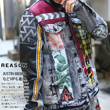 リーズン REASON デニムジャケット アウター 長袖 デニムJKT Gジャン ジージャン メンズ グレー L XL 2L LL 2XL 3L XXL 3XL 4L XXXL 大きいサイズ b系 ヒップホップ ストリート系 ファッション ブランド かっこいい おしゃれ 切替 レザー ワッペン キャラクター 切替 H0-02