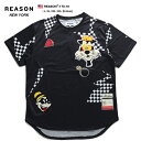 リーズン REASON Tシャツ 半袖 チェッカーフラッグ柄 メンズ 黒 L XL 2L LL 2XL 3L XXL 3XL 4L XXXL 大きいサイズ b系 ヒップホップ ストリート系 ファッション ブランド 服 かっこいい おしゃれ ラウンドカット 総柄 切替 ダイヤモンド キャラクター ワッペン 刺繍 T0-18