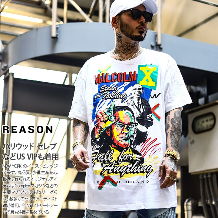 REASON × マルコムX 公式 Tシャツ 半袖 メンズ レディース 春夏用 黒 白 大きいサイズ ビッグシルエット リーズン マルコムエックス 限定コラボ ワッペン 刺繍 ラスタカラー b系 ヒップホップ ストリート系 ハイ J-05