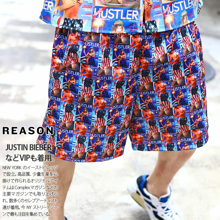 REASON × Hustler 公式 ハーフパンツ バスパン メンズ 春夏用 青 ハスラー 限定 コラボ リーズン ジャージ パンツ トラックパンツ ショートパンツ ゆったり おしゃれ 切り替え ヌード b系 ヒップホップ ファッション ストリート系 ハイ ブランドH-04