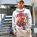 REASON パーカー 長袖 スウェット 裏起毛 フーディ トップス メンズ レディース 春秋冬用 グレー/黒 大きいサイズ リーズン フードパーカー おしゃれ かっこいい 派手 総柄 スカル 犬 刺繍 袖ロゴ b系 ヒップホップ ファッション ハイ 新作 C160