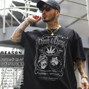 REASON × Cheech & Chong Tシャツ 半袖 メンズ 春夏用 黒 大きいサイズ チーチ&チョン チーチョン 限定 コラボ 公式 リーズン シンプル ウィスキーラベル風 オールド文字 ビッグシルエット b系 ヒップホップ ファッション ストリート系 ハイ ブランド 服 2024春夏 新作 S301