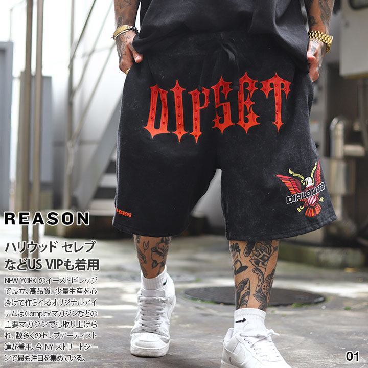 REASON × Dipset 限定 コラボ ハーフパンツ スウェット 裏起毛 半ズボン 短パン メンズ 春夏用 黒/白 大きいサイズ …