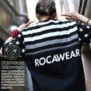 ROCAWEAR Tシャツ 半袖 メンズ レディース 春夏用 白/黒 Mサイズ ロカウェア おしゃれ かっこいい 英字 星 袖ロゴ ライン グラデーション 星条旗 アメリカ国旗 モノトーン アメカジ Jay-z HIPHOP ストリート系 ハイ 服【セール】RW182T04
