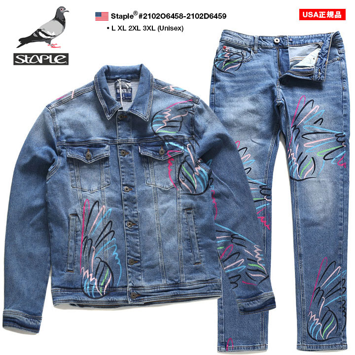 STAPLE セットアップ 長袖 メンズ レディース 春秋冬用 インディゴライトブルー L-3XL 大きいサイズ ステイプル 上下セット デニム ジャケット b系 ヒップホップ ストリート系 ファッション ハイ ブランド 服 ギフト【SALE】2102O6458-2102D6459