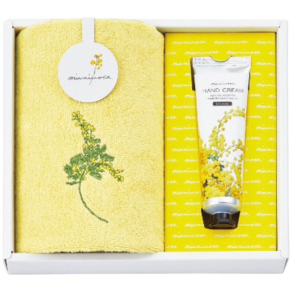 ポイント春を告げる花ミモザをモチーフとした今治タオルと、天然香料ミモザ精油がふんわりと柔らかく香る、するすると伸びる滑らかな使い心地のハンドクリームのセットです。ヘーゼルナッツオイルとアロエベラエキス配合でしっかり潤うのにべたつかず、やわらかな手肌へ導きます。※写真はイメージです。内容・デザイン等変更になる場合があります。予めご了承ください。箱サイズ23×19×4.5cm現品サイズ・内容34×35cmウォッシュタオル1枚・綿100％・50gハンドクリーム1本重さ220g製造生産地日本製備考※「のし」や「包装」については、対応できる商品と対応できない商品がございます。ご購入前に、お気軽にお問い合わせください。通常、簡易包装に直に送り状を貼ってお送りいたします。【オオタミアミモザ 商品一覧】 ウォッシュタオル＆コスメセット MMC10400C（クリーム） ウォッシュタオル＆コスメセット MMC10400GR（グリーン） ウォッシュタオル＆コスメセット MMC10451C（クリーム） ウォッシュタオル＆コスメセット MMC10451GR（グリーン） ウォッシュタオル＆ハンドクリームセット MMC10250C（クリーム） ウォッシュタオル＆ハンドクリームセット MMC10250GR（グリーン） ウォッシュタオル＆ハンドクリーンジェルセット MMC10300C（クリーム） ウォッシュタオル＆ハンドクリーンジェルセット MMC10300GR（グリーン） フェイスタオル＆コスメセット MMC10500C（クリーム） フェイスタオル＆コスメセット MMC10500GR（グリーン）オオタ ミアミモザ ウォッシュタオル＆ハンドクリームセット MMC10250C（クリーム） ギフト 贈り物 送料無料【注意事項】メーカー直送の商品となりますので、「代金引換」払いは不可となります。ご了承ください。お届け先が、北海道、沖縄、離島になる場合、別途送料が必要になる場合がございます。