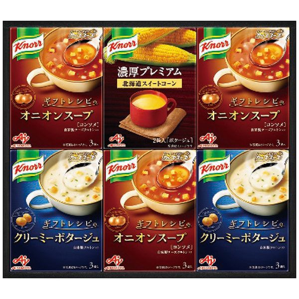 ポイントギフトだけの特別レシピで、お子様から大人まで幅広く楽しんで頂ける〈ギフトレシピ〉のスープと、素材がじっくり溶け込んだ味わい深いスープを詰め合わせたギフトです。※写真はイメージです。内容・デザイン等変更になる場合があります。予めご了承ください。箱サイズ30.6×3.7×27.5cm現品サイズ・内容クノール贅沢野菜北海道スイートコーン2袋入1箱・クノールカップスープギフトレシピ3袋入(クリーミーポタージュ2箱・オニオンスープ3箱)重さ500g製造生産地日本製賞味期間製造日より常温約360日アレルゲン乳成分・小麦備考※「のし」や「包装」については、対応できる商品と対応できない商品がございます。ご購入前に、お気軽にお問い合わせください。通常、簡易包装に直に送り状を貼ってお送りいたします。【味の素 商品一覧】 クノール プレミアムスープギフト KPZ-20V クノール プレミアムスープギフト KPZ-30V味の素 クノール プレミアムスープギフト KPZ-20V ギフト 贈り物 送料無料【注意事項】メーカー直送の商品となりますので、「代金引換」払いは不可となります。ご了承ください。お届け先が、北海道、沖縄、離島になる場合、別途送料が必要になる場合がございます。
