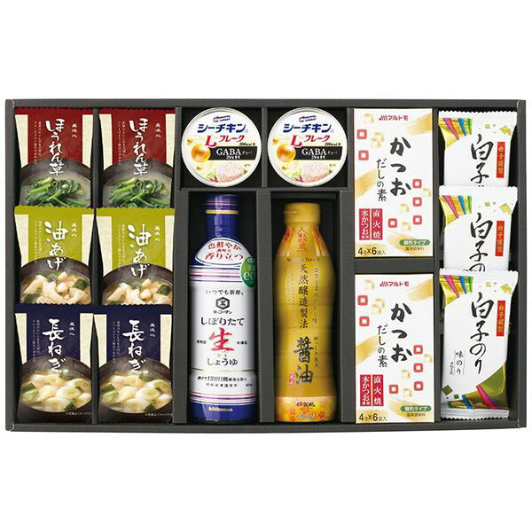 ポイントお湯を注ぐだけでできる本格的なお味噌汁に、和の食材、調味料をセット。※写真はイメージです。内容・デザイン等変更になる場合があります。予めご了承ください。箱サイズ49.9×7.3×32cm現品サイズ・内容フリーズドライ味噌汁(油あげ7.2g・ほうれん草6.2g・長ねぎ6.3g)・マルトモかつおだしの素(4g×6個)各2個・キッコーマンいつでも新鮮しぼりたて生しょうゆ・伊賀越天然醸造醤油各1本・各450ml・白子のり味のり(8切5枚)3個・シーチキンLフレークGABA入り70g×2缶重さ2200g製造生産地日本製賞味期間製造日より常温約450日アレルゲン乳成分・小麦・えび備考2026年2月中旬頃発売予定※「のし」や「包装」については、対応できる商品と対応できない商品がございます。ご購入前に、お気軽にお問い合わせください。通常、簡易包装に直に送り状を貼ってお送りいたします。【apide 商品一覧】美味心 和風バラエティギフト EM-AES 美味心 和風バラエティギフト EM-BES 美味心 和風バラエティギフト EM-BOS 美味心 和風バラエティギフト EM-COS 美味心 和風バラエティギフト EM-DOS 美味心 和風バラエティギフト EM-EOSapide 美味心 和風バラエティギフト EM-DOS ギフト 贈り物 送料無料【注意事項】メーカー直送の商品となりますので、「代金引換」払いは不可となります。ご了承ください。お届け先が、北海道、沖縄、離島になる場合、別途送料が必要になる場合がございます。