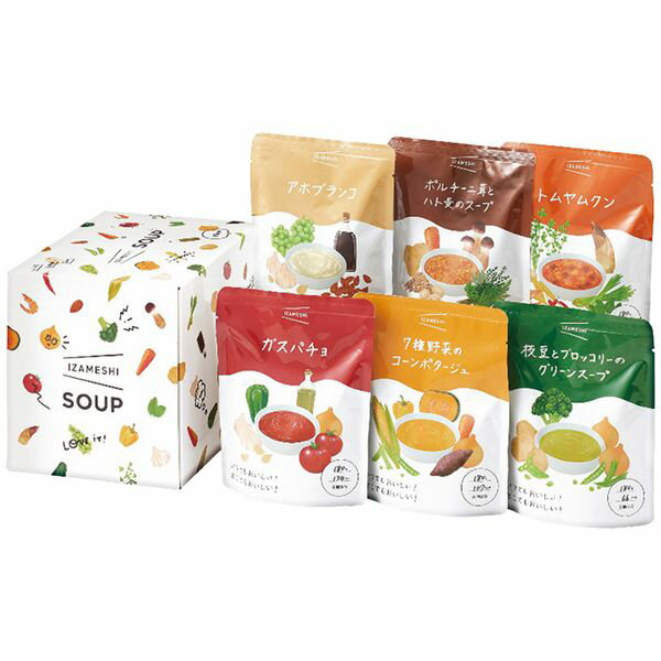 ポイント災害時の非常食としてはもちろん、忙しい朝や料理に1品加えたい時、海外旅行などお出かけや登山、キャンプといったアウトドアシーン等、日常生活でもおいしく召し上がっていただけます。災害発生時に不足しがちな野菜を手軽に食べることのできるスープシリーズです。6種類のスープに木製スプーンが付属されたセットになっています。※写真はイメージです。内容・デザイン等変更になる場合があります。予めご了承ください。箱サイズ14.5×16.1×18.4cm現品サイズ・内容ガスパチョ・7種野菜のコーンポタージュ・枝豆とブロッコリーのグリーンスープ・アホブランコ・ポルチーニ茸とハト麦のスープ・トムヤムクン各1袋・各180g・スプーン6個付重さ1400g製造生産地日本製賞味期間製造日より常温約3年アレルゲン乳成分・小麦・えび備考※「のし」や「包装」については、対応できる商品と対応できない商品がございます。ご購入前に、お気軽にお問い合わせください。通常、簡易包装に直に送り状を貼ってお送りいたします。【杉田エース 商品一覧】 イザメシ HOME IZAMESHI 652-726 イザメシ SOUPセット 652-680 イザメシ そのままPASTAセット 652-918杉田エース イザメシ SOUPセット 652-680 ギフト 贈り物 送料無料【注意事項】メーカー直送の商品となりますので、「代金引換」払いは不可となります。ご了承ください。お届け先が、北海道、沖縄、離島になる場合、別途送料が必要になる場合がございます。
