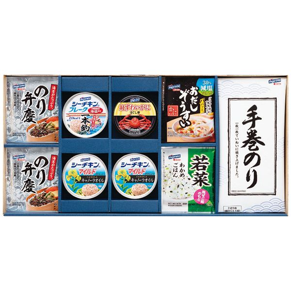 ポイント和の食卓を彩るバラエティ豊かな詰合せ。※写真はイメージです。内容・デザイン等変更になる場合があります。予めご了承ください。箱サイズ47×4.3×23.7cm現品サイズ・内容のり弁慶ふりかけ(3g×6袋)・減塩おだしぞうすいかに(6.5g×3袋)・わかめ混ぜご飯若菜(2.8g×3袋)・手巻きのり(2切5枚1袋)・シーチキンフレーク一本釣1缶・シーチキンマイルドキャノーラ2缶・各70g・紅ずわいがにほぐし身55g×1缶重さ740g製造生産地日本製賞味期間製造日より常温約540日アレルゲン卵・乳成分・小麦・えび・かに備考※「のし」や「包装」については、対応できる商品と対応できない商品がございます。ご購入前に、お気軽にお問い合わせください。通常、簡易包装に直に送り状を貼ってお送りいたします。【はごろも 商品一覧】 フーズ バラエティシーフード VX-30D フーズ バラエティシーフード VX-50D フーズ 和風バラエティギフト KR-b フーズ 和風バラエティギフト KR-f フーズ 和風バラエティギフト KR-gAはごろも はごろもフーズ 和風バラエティギフト KR-gA ギフト 贈り物 送料無料【注意事項】メーカー直送の商品となりますので、「代金引換」払いは不可となります。ご了承ください。お届け先が、北海道、沖縄、離島になる場合、別途送料が必要になる場合がございます。