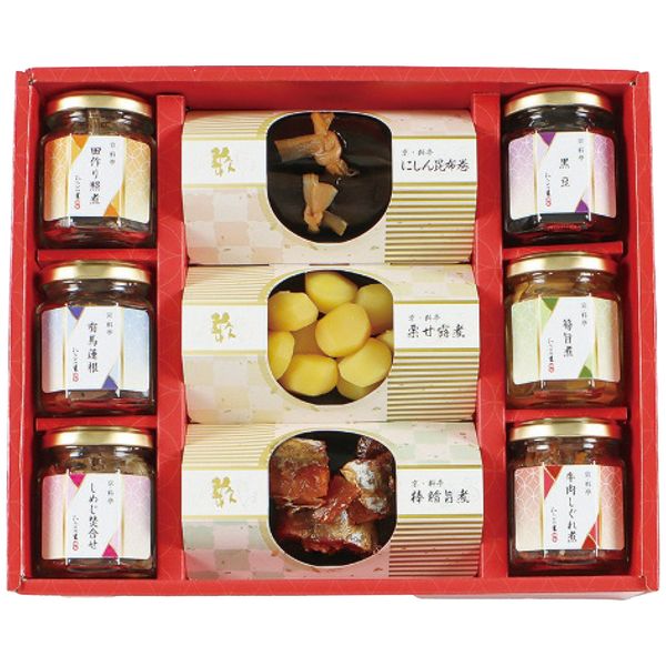 ポイント一年の節目となる新年を大切に思いながら作るおせち料理。『京のお正月』にふさわしい彩り美しい、寿ぎの味の数々。京の趣たっぷりに仕上げた逸品の詰め合わせです。※写真はイメージです。内容・デザイン等変更になる場合があります。予めご了承ください。箱サイズ30.5×6.8×25.4cm現品サイズ・内容栗甘露煮55g・にしん昆布巻2本入・棒鱈旨煮85g各1個・田作り照煮20g・黒豆45g・しめじ炊合せ50g・有馬蓮根50g・筍旨煮4切入・牛肉しぐれ60g各1瓶重さ1900g製造生産地日本製賞味期間製造日より常温約180日アレルゲン小麦備考 ※「のし」や「包装」については、対応できる商品と対応できない商品がございます。ご購入前に、お気軽にお問い合わせください。通常、簡易包装に直に送り状を貼ってお送りいたします。【 商品一覧】 京・料亭　 京のお正月 京-30F 京・料亭　 京のお正月 京-50F 京-50F 京・料亭　 京楽味 佃煮詰合せ わS-50 京・料亭　 京楽味 佃煮詰合せ わW-25 京・料亭　 料亭一膳 炊き込みご飯詰合せ OT-30E わらびの里 京楽味 佃煮詰合せ わS-30D わらびの里 料亭一膳 炊き込みご飯詰合せ GS-50Eわらびの里 京・料亭　わらびの里 京のお正月 京-50F 京-50F ギフト お歳暮 送料無料 【産直】【注意事項】メーカー直送の商品となりますので、「代金引換」払いは不可となります。ご了承ください。お届け先が、北海道、沖縄、離島になる場合、別途送料が必要になる場合がございます。