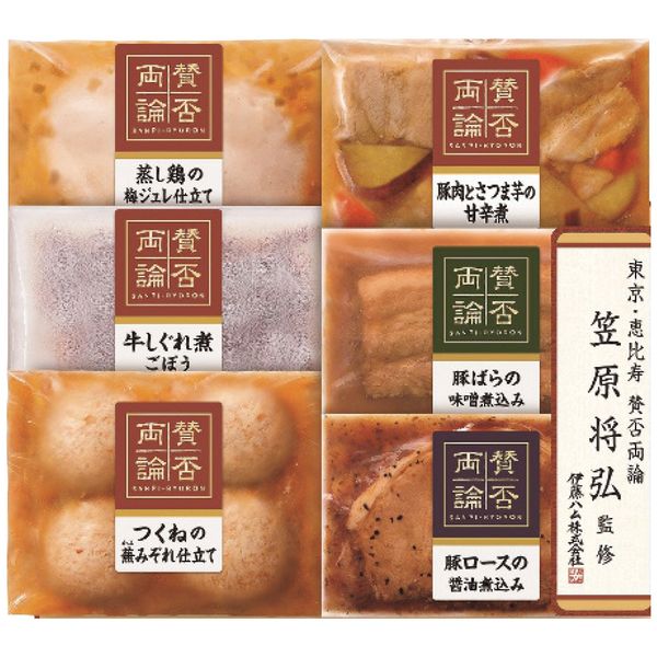 ポイント東京・恵比寿にある日本料理店「賛否両論」。店主の笠原将弘が監修した、こだわりの和食ギフトです。食感が楽しめるクワイが入った「つくねの蕪みぞれ仕立て」や、牛肉を甘辛く煮込んだ「牛しぐれ煮ごぼう」など、6品を詰め合わせました。※写真はイメージです。内容・デザイン等変更になる場合があります。予めご了承ください。箱サイズ25×11.5×17cm現品サイズ・内容つくねの蕪みぞれ仕立て180g・豚肉とさつま芋の甘辛煮150g・蒸し鶏の梅ジュレ仕立て150g・豚ロースの醤油煮込み70g・豚ばらの味噌煮込み70g・牛しぐれ煮ごぼう55g各1個重さ900g製造生産地日本製賞味期間製造日より冷凍約365日アレルゲン卵・乳成分・小麦備考※11月下旬よりお届けになります。 ※「のし」や「包装」については、対応できる商品と対応できない商品がございます。ご購入前に、お気軽にお問い合わせください。通常、簡易包装に直に送り状を貼ってお送りいたします。【 賛否両論 商品一覧】賛否両論 しぐれ煮・角煮セット WA-3A 賛否両論 ローストビーフと三種の豚角煮ギフト WA-45 賛否両論 三種の豚角煮ギフト WA-36A 賛否両論 二種の味付け豚ロースギフト WN-3 賛否両論 和のサーロインローストビーフギフト WR-501 賛否両論 和のローストビーフギフト WR-50 賛否両論 丼の具二種ギフト WG-40 賛否両論 ギフト WA-300伊藤ハム 賛否両論 賛否両論ギフト WA-300 ギフト お歳暮 送料無料 【産直】【注意事項】メーカー直送の商品となりますので、「代金引換」払いは不可となります。ご了承ください。お届け先が、北海道、沖縄、離島になる場合、別途送料が必要になる場合がございます。