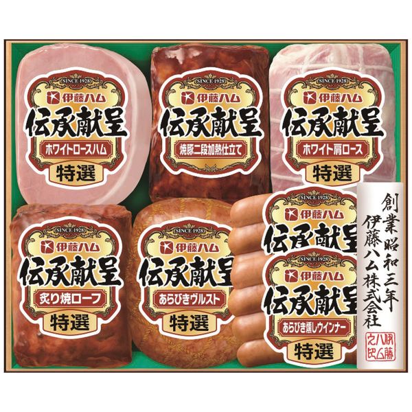 ポイント守り伝えられた伝統の技を用い、丹念に造り上げました。バラエティに富んだおいしさを詰め合わせたギフトセットです。※写真はイメージです。内容・デザイン等変更になる場合があります。予めご了承ください。箱サイズ26.8×7.7×22.7cm現品サイズ・内容特選(ホワイトロースハム180g・ホワイト肩ロース180g・炙り焼ローフ160g・あらびきヴルスト160g各1本・あらびき燻しウインナー80g×2個)・焼豚二段加熱仕立て160g×1本重さ1230g製造生産地日本製賞味期間冷蔵50日・賞味目安約25日アレルゲン卵・乳成分・小麦備考※11月下旬よりお届けになります。 ※「のし」や「包装」については、対応できる商品と対応できない商品がございます。ご購入前に、お気軽にお問い合わせください。通常、簡易包装に直に送り状を貼ってお送りいたします。【伊藤ハム 商品一覧】伝承ギフト DKC-35 伝承ギフト DKS-35 伝承ギフト DKS-55 伝承献呈うす塩仕上げギフト GMU-36 伝承献呈うす塩仕上げギフト GMU-43 伝承献呈うす塩仕上げギフト GMU-77 伝承献呈ギフトセット GM-40 伝承献呈ギフトセット GM-400 伝承献呈ギフトセット GM-560 伝承献呈ギフトセット GM-57 伝承献呈ギフトセット GMF-42 伝承献呈ギフトセット IGM-30 伝承献呈ギフトセット IGM-300 伝承献呈ギフトセット IGM-508 伝承献呈ギフトセット TAV-39A 田崎真也セレクション クリームチーズ入りハンバーグギフト(キリクリームチーズ使用) CH-31 田崎真也セレクションギフト YO-480 田崎真也セレクションギフト YOP-48伊藤ハム 伝承献呈ギフトセット GM-560 ギフト お歳暮 送料無料 【産直】【注意事項】メーカー直送の商品となりますので、「代金引換」払いは不可となります。ご了承ください。お届け先が、北海道、沖縄、離島になる場合、別途送料が必要になる場合がございます。