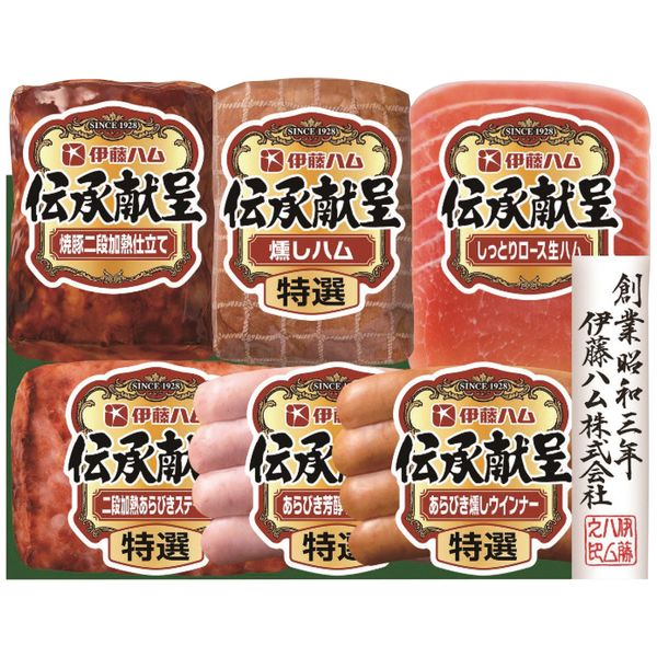 ポイント守り伝えられた伝統の技を用い、丹念に造り上げました。※写真はイメージです。内容・デザイン等変更になる場合があります。予めご了承ください。箱サイズ20×8×15.6cm現品サイズ・内容特選(燻しハム180g・二段加熱あらびきステーキ110g各1本・あらびき燻しウインナー80g・あらびき芳醇ウインナー80g各1個)・焼豚二段加熱仕立て160g×1本・しっとり生ハムロース45g×1個重さ770g製造生産地日本製賞味期間冷蔵45日・賞味目安約22日アレルゲン卵・乳成分・小麦備考※11月下旬よりお届けになります。 ※「のし」や「包装」については、対応できる商品と対応できない商品がございます。ご購入前に、お気軽にお問い合わせください。通常、簡易包装に直に送り状を貼ってお送りいたします。【伊藤ハム 商品一覧】伝承ギフト DKC-35 伝承ギフト DKS-35 伝承ギフト DKS-55 伝承献呈うす塩仕上げギフト GMU-36 伝承献呈うす塩仕上げギフト GMU-43 伝承献呈うす塩仕上げギフト GMU-77 伝承献呈ギフトセット GM-40 伝承献呈ギフトセット GM-400 伝承献呈ギフトセット GM-560 伝承献呈ギフトセット GM-57 伝承献呈ギフトセット GMF-42 伝承献呈ギフトセット IGM-30 伝承献呈ギフトセット IGM-300 伝承献呈ギフトセット IGM-508 伝承献呈ギフトセット TAV-39A 田崎真也セレクション クリームチーズ入りハンバーグギフト(キリクリームチーズ使用) CH-31 田崎真也セレクションギフト YO-480 田崎真也セレクションギフト YOP-48伊藤ハム 伝承献呈ギフトセット GMF-42 ギフト お歳暮 送料無料 【産直】【注意事項】メーカー直送の商品となりますので、「代金引換」払いは不可となります。ご了承ください。お届け先が、北海道、沖縄、離島になる場合、別途送料が必要になる場合がございます。