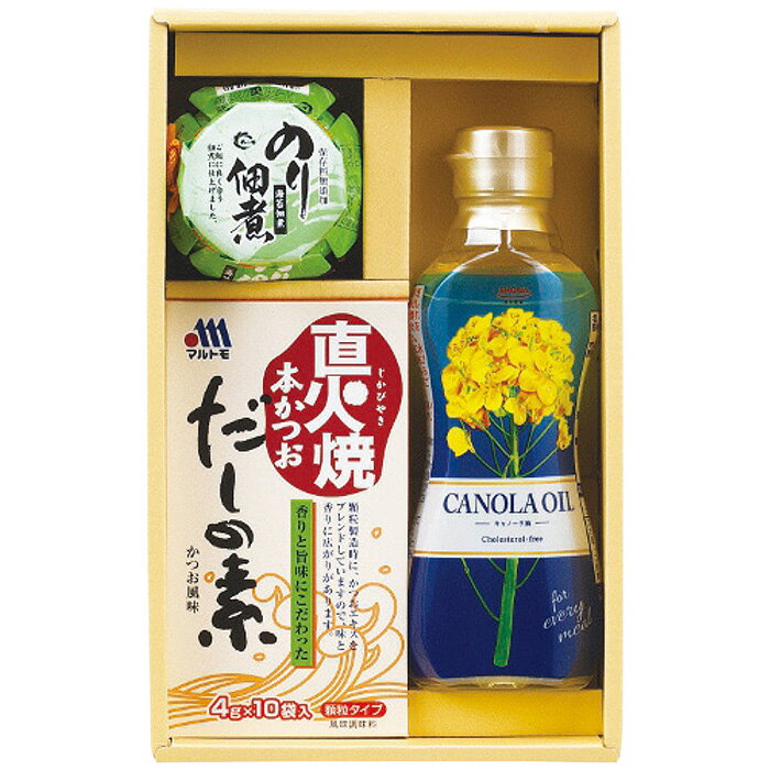 ポイント香りと旨味にこだわっただしとご飯によく合う佃煮の入った調味料セットです。※写真はイメージです。内容・デザイン等変更になる場合があります。予めご了承ください。箱サイズ15.7×7.5×25.5cm現品サイズ・内容昭和キャノーラ油300g×1本・島乃香のり佃煮80g×1瓶・マルトモ直火焼本かつおだしの素(4g×10袋)1箱重さ815g製造生産地日本製賞味期間製造日より常温約540日アレルゲン乳成分・小麦備考※「のし」や「包装」については、対応できる商品と対応できない商品がございます。ご購入前に、お気軽にお問い合わせください。通常、簡易包装に直に送り状を貼ってお送りいたします。【 商品一覧】 佃煮＆調味料バラエティセット TGT-20S 佃煮＆調味料バラエティセット TGT-25S 佃煮＆調味料バラエティセット TGT-30S 佃煮＆調味料バラエティセット TGT-40S 佃煮＆調味料バラエティセット TGT-50S丸康 佃煮＆調味料バラエティセット TGT-20S ギフト 贈り物 送料無料【注意事項】メーカー直送の商品となりますので、「代金引換」払いは不可となります。ご了承ください。お届け先が、北海道、沖縄、離島になる場合、別途送料が必要になる場合がございます。