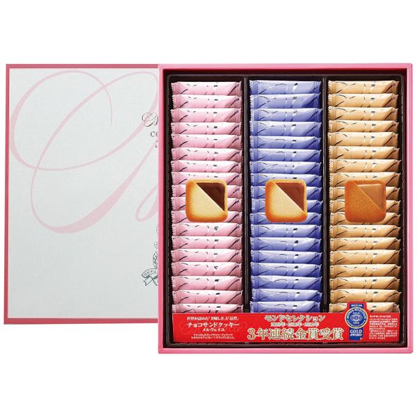 ポイントサクッとしたラングドシャクッキーでなめらかなチョコレートクリームをサンドしました。チョコレートクリームはスイート、ミルク、コーヒーの3種類。 軽い口どけのクッキーとの優雅な出会いをお楽しみください。モンドセレクション 3年連続 金賞を受賞（2010年〜2012年）※写真はイメージです。内容・デザイン等変更になる場合があります。予めご了承ください。箱サイズ27.1×5×31cm現品サイズ・内容スイートチョコレート・ミルクチョコレート・コーヒークリーム各18枚重さ710g製造生産地日本製賞味期間製造日より常温約210日アレルゲン卵・乳成分・小麦備考 ※「のし」や「包装」については、対応できる商品と対応できない商品がございます。ご購入前に、お気軽にお問い合わせください。通常、簡易包装に直に送り状を貼ってお送りいたします。【銀座コロンバン東京 商品一覧】 銀座東京 セレクションW 銀座東京 フールセック50枚入 銀座東京 メルヴェイユ(チョコサンドクッキー) 54枚入コロンバン 銀座コロンバン東京 メルヴェイユ(チョコサンドクッキー) 54枚入 ギフト お歳暮 送料無料【注意事項】メーカー直送の商品となりますので、「代金引換」払いは不可となります。ご了承ください。お届け先が、北海道、沖縄、離島になる場合、別途送料が必要になる場合がございます。
