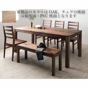 総無垢材ワイドダイニング 【Cursus】 クルスス 6点セット(テーブル+チェア4脚+ベンチ1脚) オーク 板座×PVC座 W180[00]