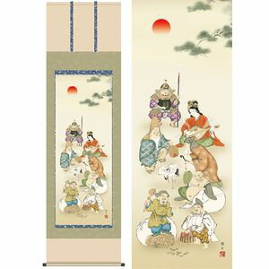 七福神／しちふくじん　尺八　幅54.5×高さ約190cm　鵜飼雄平／うかいゆうへい　慶事飾り　縁起画　七福神 掛け軸 掛軸 [2