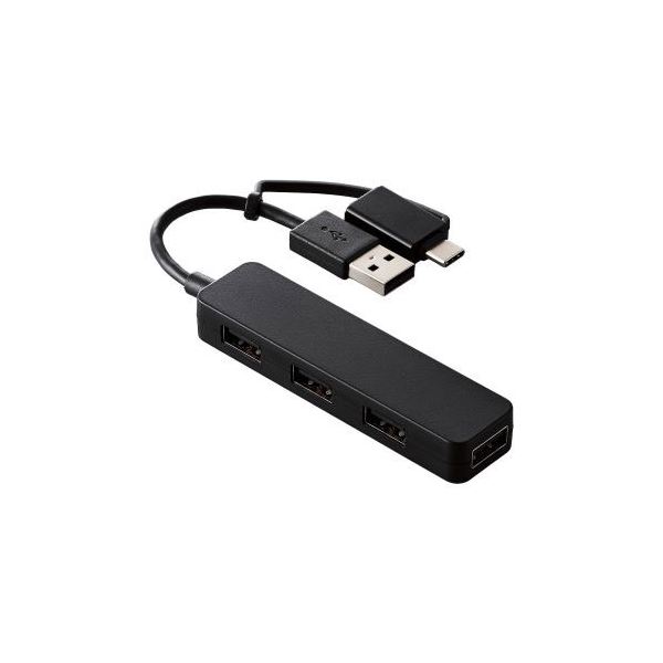 ■サイズ・色違い・関連商品■ブラック[当ページ]■ホワイト■商品内容■USB-AポートにもUSB Type-C(TM)ポートにも接続できる、変換アダプター付きUSB2.0ハブです。 ■4つのUSB-Aポートを搭載しています。マウスやキーボード、USBメモリ、USBファン、プリンターなどさまざまな機器を同時に接続できます。 ■パソコンとタブレットの両方でUSBハブを使用したい場合にも、変換アダプターを使うことで手軽に兼用できます。 ■コンパクトで邪魔にならないスティックタイプです。 ■フロントの3ポートに加え、サイドに1ポートを装備し、幅広のUSB機器を接続するのに便利です。 ■USB-Aプラグと同じ幅のスリムなUSB Type-C変換アダプターを採用しています。パソコンの隣り合うポートに複数同時に接続しても干渉しにくい設計です。 ■※接続したいポート同士の幅が狭い場合、アダプターを複数同時に接続できない場合があります。事前に機種の仕様をご確認ください。 ■ケーブルは紛失の心配がない直付けタイプで、ノートパソコンなどとの接続に便利なケーブル長約7cmです。 ■ACアダプター不要のバスパワー専用タイプです。 ■通信状態を確認できるLEDランプが付いています。 ■※本製品はUSBポートを増設するための製品です。本製品を使用してスマートフォン・タブレットを充電することはおすすめできません。 ■自社環境認定基準を1つ以上満たし、『THINK ECOLOGY』マークを表示した製品です。 ■廃棄物削減に取り組み、製品に同梱する取扱説明書等をペーパーレス化した製品です。 ■環境保全に取り組み、製品の包装容器におけるプラスチック重量を、社内基準製品より20%以上削減した製品です。 ■環境保全に取り組み、製品の包装容器が紙・ダンボール・ポリ袋のみで構成されている製品です。■商品スペック■インターフェース : USB2.0 ■アップストリーム(パソコン側)ポート数 : USB-Aプラグ×1 ※USB Type-C(TM)変換アダプター付き ■ダウンストリーム(周辺機器側)ポート数 : USB-Aポート×4 ■対応OS(Windows) : Windows 11/10 ■対応OS(mac) : macOS Sonoma 14/macOS Ventura 13/macOS Monterey 12 ■対応OS 備考 : ※各OSの最新バージョンへのアップデートや、サービスパックのインストールが必要になる場合があります。 ■最大転送速度 : USB2.0ハイスピード/480Mbps(理論値) ■USBケーブル長 : 約7cm ※コネクター含まず ■電源方式 : バスパワー ■供給可能電流 : 4ポート合計最大400mA(各ポート100mA未満) ■カラー : ブラック ■外形寸法 : 幅約87mm×奥行約22mm×高さ約12mm(ケーブル含まず) ■重量 : 約30g ■動作環境 : 温度5℃〜40℃、湿度30%〜80%(結露なきこと) ■保証期間 : 1年間■送料・配送についての注意事項●本商品の出荷目安は【4 - 7営業日　※土日・祝除く】となります。●お取り寄せ商品のため、稀にご注文入れ違い等により欠品・遅延となる場合がございます。●本商品は仕入元より配送となるため、沖縄・離島への配送はできません。[ U2H-CA4003BBK ]