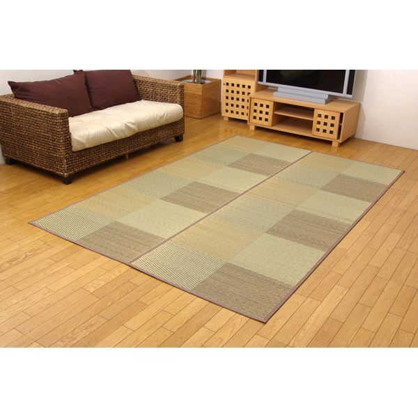 い草 花ござ/ラグマット 【市松柄 ブラウン 江戸間3畳 約174×261cm】 裏：不織布 防傷加工 抗菌＆防臭効果 裏張CP 〔リビング〕【代引不可】[21]