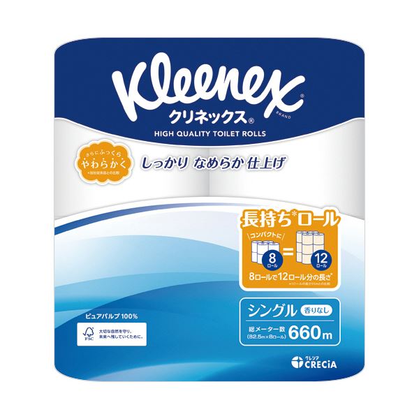 ■商品内容【ご注意事項】この商品は下記内容×2セットでお届けします。やわらかさそのままに、長持ちクリネックス。●シングル82.5m巻、8ロール入です。●芯の消臭成分でアンモニア臭を中和・軽減。■商品スペックタイプ：シングルロールサイズ：幅114mm×長さ82.5mミシン目：あり芯：あり芯径：約38mm材質：パルプ100%パッケージサイズ：W222×D222×H228mm生産国：日本シリーズ名：クリネックス■送料・配送についての注意事項●本商品の出荷目安は【1 - 5営業日　※土日・祝除く】となります。●お取り寄せ商品のため、稀にご注文入れ違い等により欠品・遅延となる場合がございます。●本商品は仕入元より配送となるため、沖縄・離島への配送はできません。