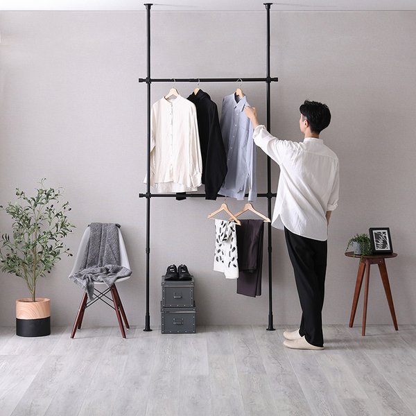 つっぱりハンガーラック 2段 約幅120cm ブラック【代引不可】[21]