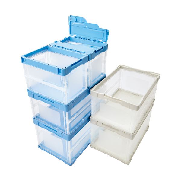 (まとめ) TANOSEE折りたたみコンテナ 軽量タイプ フタなし 50L ブルー/透明 1台 【×3セット】[21]