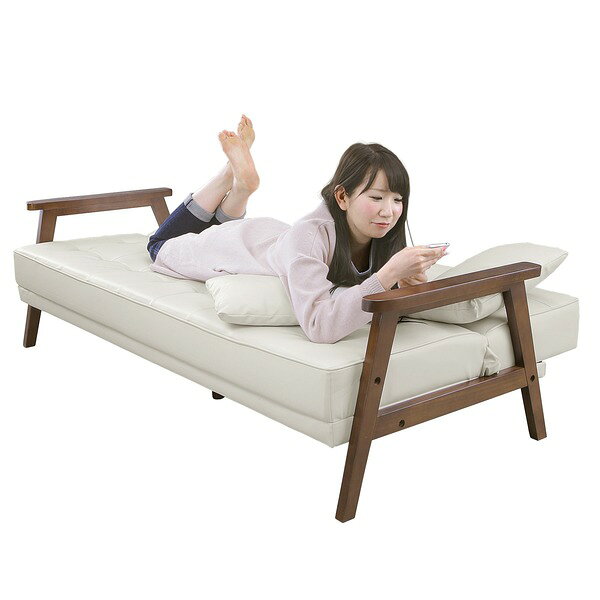 ソファーベッド シングル 幅185cm アイボリー PVCレザー 合成皮革 合皮 クッション2個 肘付き 脚付き ソファベッド シングルベッド リビングソファ ソファーベット ソファベット Milano ミラノ 開梱設置【代引不可】[21] [2]
