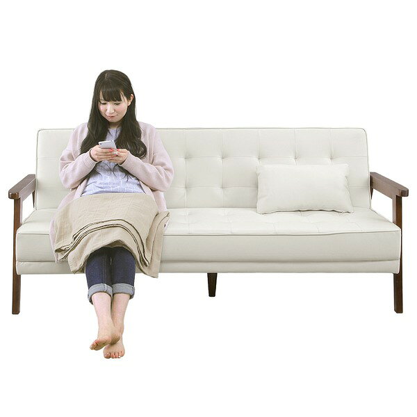 ソファーベッド シングル 幅185cm アイボリー PVCレザー 合成皮革 合皮 クッション2個 肘付き 脚付き ソファベッド シングルベッド リビングソファ ソファーベット ソファベット Milano ミラノ 開梱設置【代引不可】[21] [3]