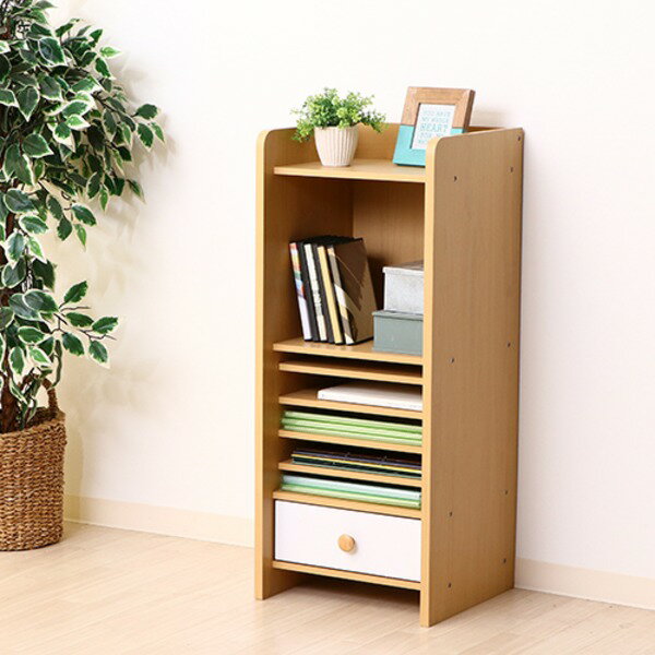 ブックシェルフ 本棚 約幅380mm ハイタイプ ナチュラル×ホワイト 引き出し1杯 脚付 リビングラック NORM リビング【代引不可】[21]