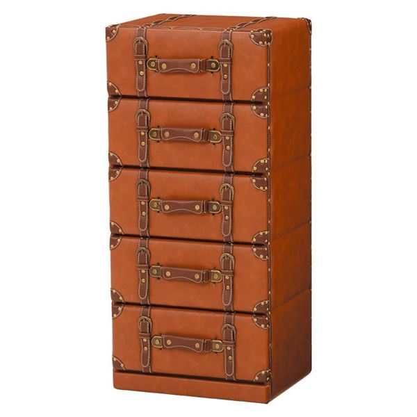 トランク型 チェスト 5段 幅41cm ライトブラウン 合皮 チェスターシリーズ リビング収納 完成品 リビン..